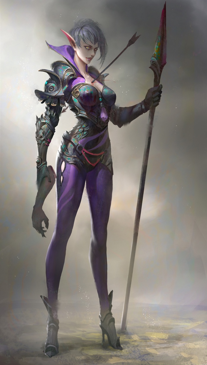 Elf warrior with spear and arrow wound