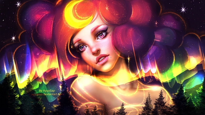 Digital art of a woman with colorful hair and aurora borealis