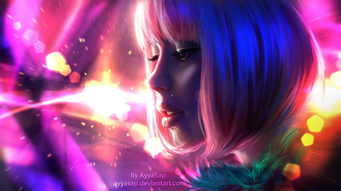 Woman with pink and blue hair by Ayya Saparniyazova
