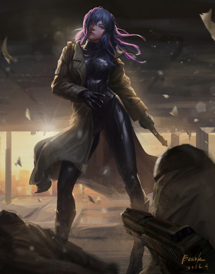 Ghost in the Shell character with blue hair holding a gun
