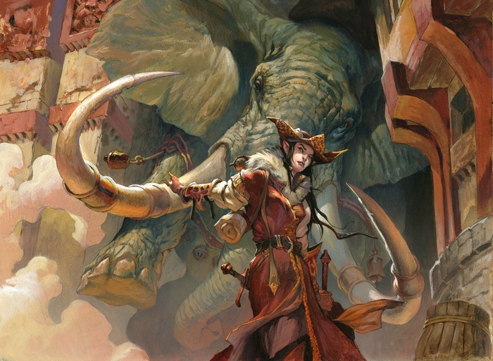 Elf with Elephant in Fantasy City