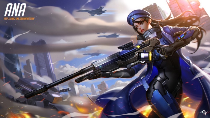 Ana from Overwatch with a sniper rifle