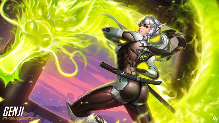 Genji from Overwatch with a green dragon