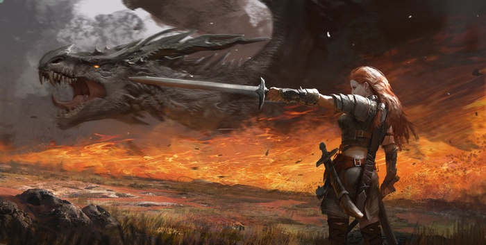 Woman fights a dragon with a sword