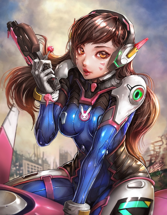 D.Va from Overwatch holding a lollipop gun