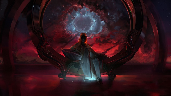 Fantasy art of a figure on a throne with a cosmic background