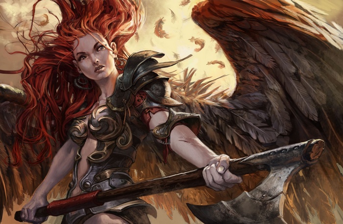 Fantasy angel warrior with red hair and axe