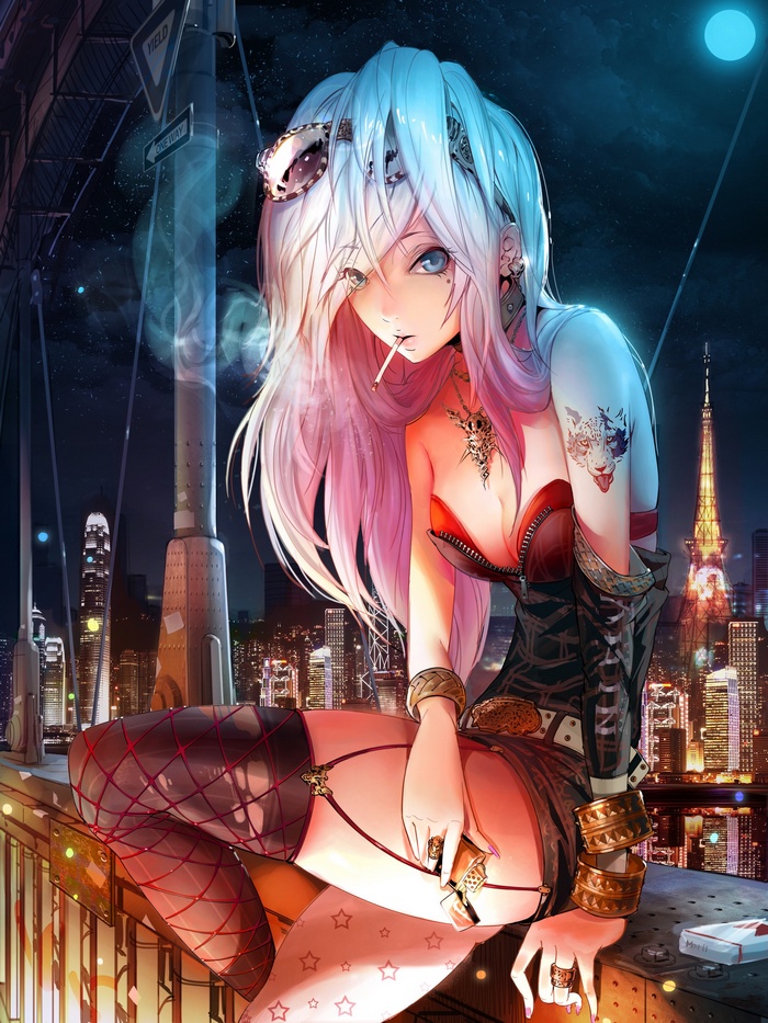Anime girl smoking in a city at night