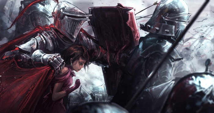 Fantasy girl protected by knights in battle