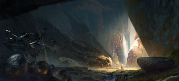 Dragon in a cave with a person