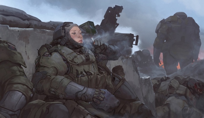 Soldier smoking in a war-torn futuristic landscape