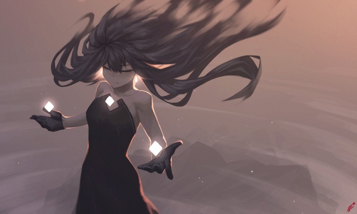 Anime girl with dark hair and glowing gems