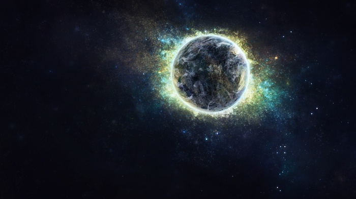 Planet in space with glowing nebula