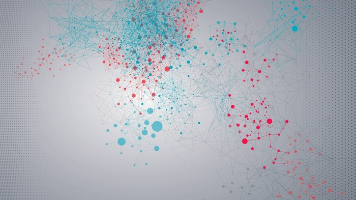 Abstract network of red and blue dots and lines
