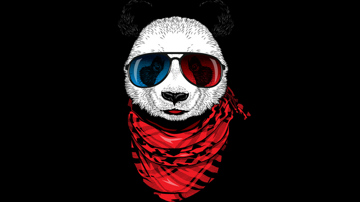 Panda wearing 3D glasses and a red scarf