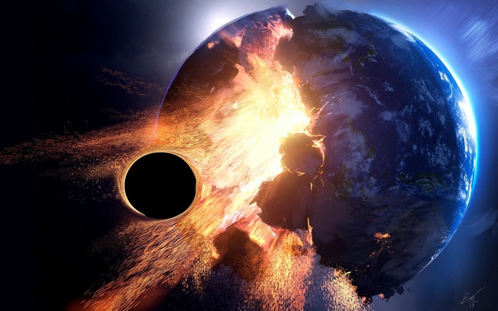 Planet Earth being destroyed by a black hole