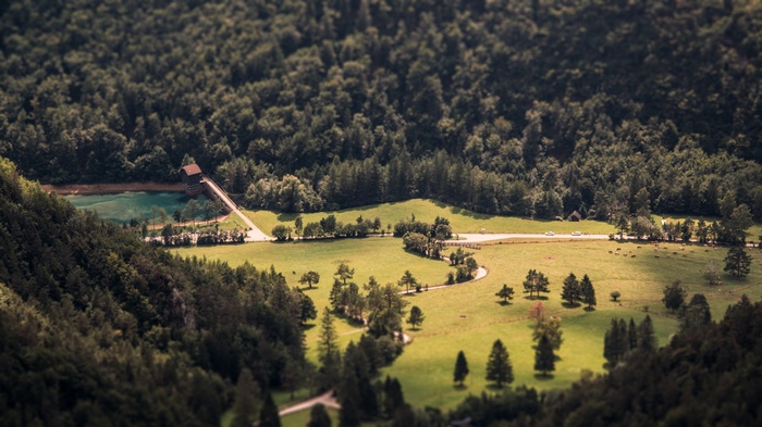 Tilt-shift view of a forest landscape with a lake and bridge
