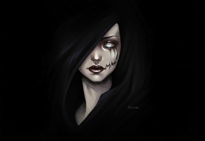 Artwork of a woman with a dark hood