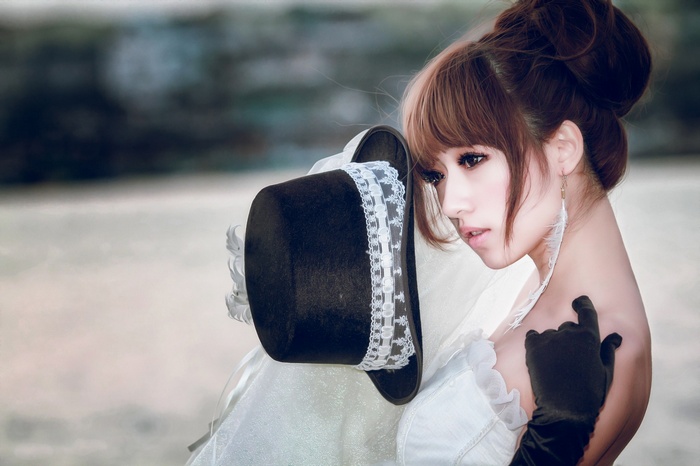 black gloves, Asian, brunette, hat, auburn hair, millinery, hairbun, looking away, model, face, women