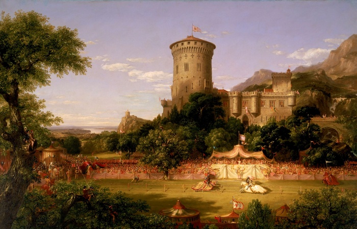 Thomas Cole's painting of a medieval jousting tournament at a castle