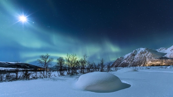 trees, landscape, Moon, winter, hills, aurorae, nature, moonlight, stars, Norway, long exposure, night, mountains, snow
