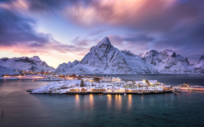 lights, evening, winter, house, mountains, village, landscape, Norway, sea, Lofoten, nature, reflection, fjord, island, clouds, snow, sunset, Lofoten Islands, long exposure