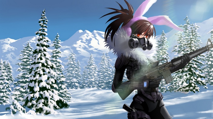 Anime girl with bunny ears and M16 in snow