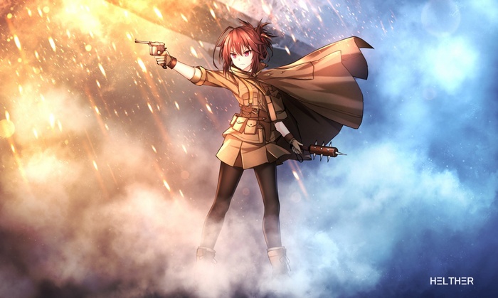 Anime girl in uniform with gun and mace