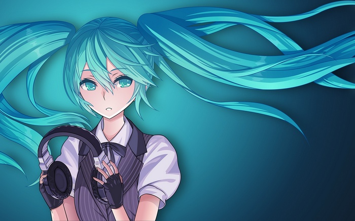 Hatsune Miku holding headphones with aqua hair