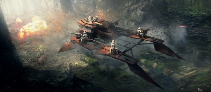 Star Wars Stormtroopers on a speeder bike in a forest battle