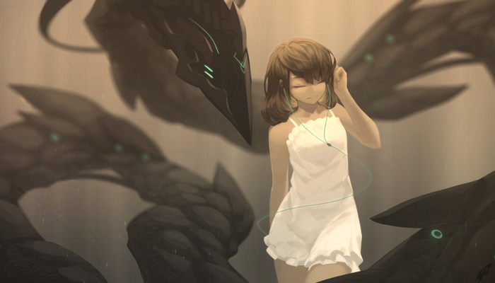 Girl in white dress listening to music with futuristic creatures