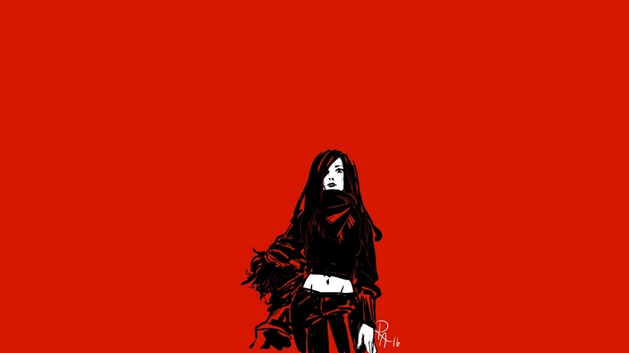 Woman with long black hair on red background
