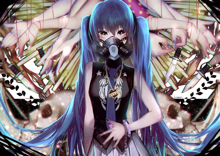 Anime girl with blue twintails and gas mask