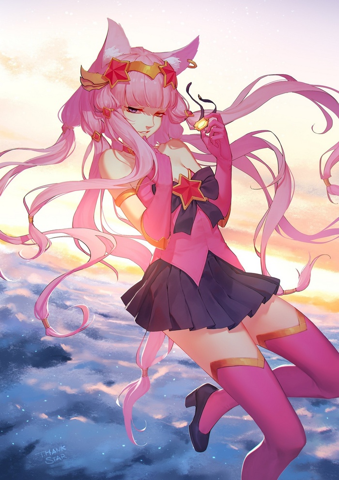 thigh-highs, skirt, pink eyes, animal ears, stockings, Star Guardian, anime girls, League of Legends, pink hair, long hair, heterochromia, heels, anime