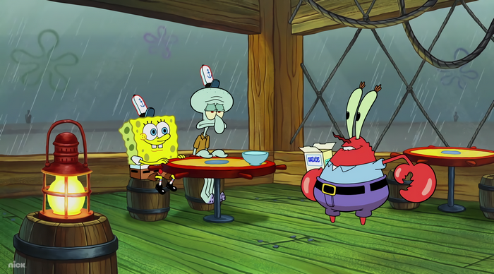 SpongeBob, Squidward, and Mr. Krabs in the Krusty Krab