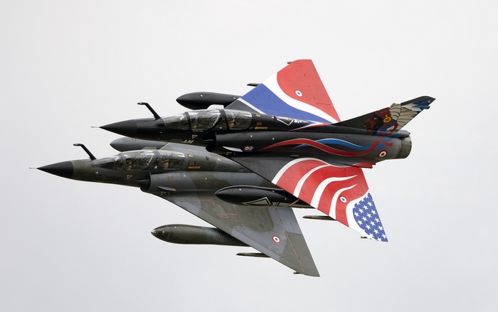 Two Dassault Mirage 2000 fighter jets in flight