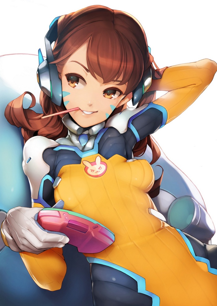 D.Va from Overwatch holding a game controller
