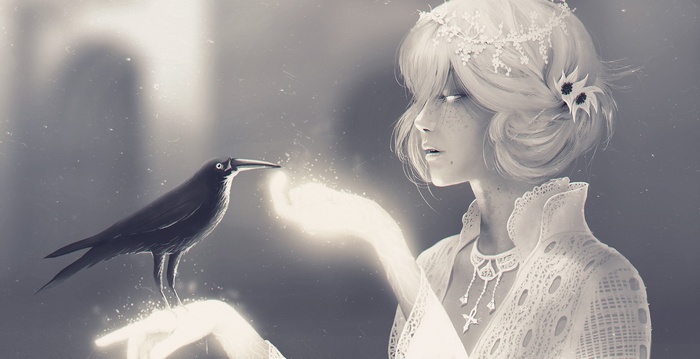 Fantasy girl with a crow and glowing magic