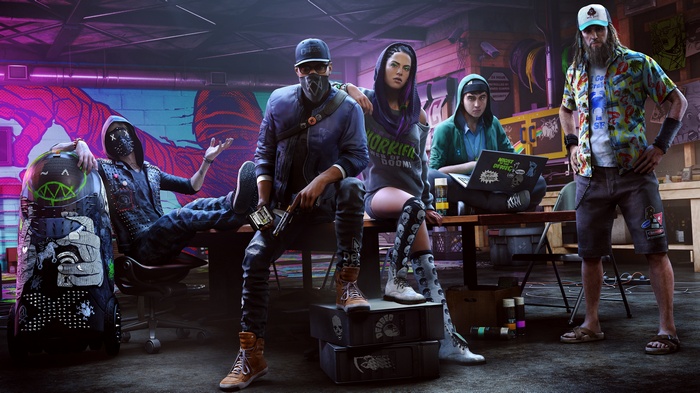 Watch Dogs 2 characters in a hacker's den