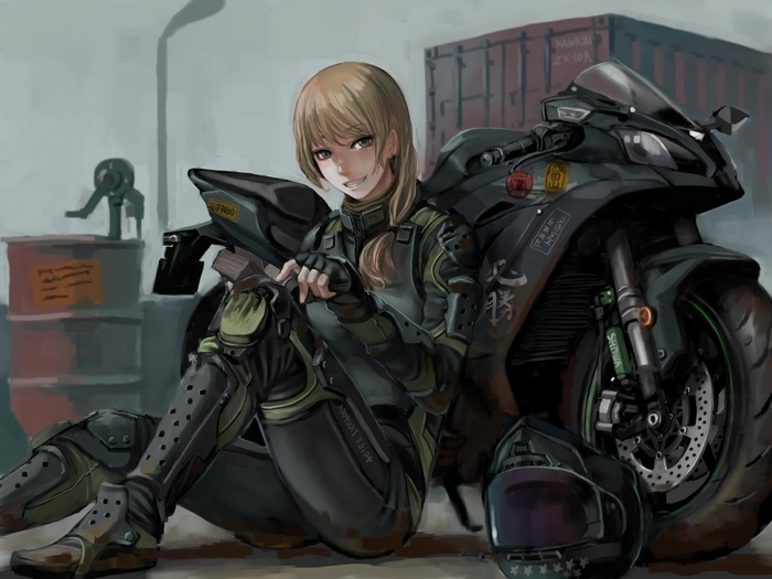 blonde, motorcycle, long hair, bodysuit, anime girls, anime, green eyes