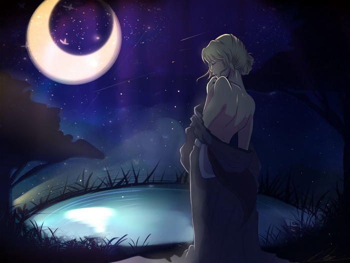 Anime girl by a moonlit pond under a crescent moon