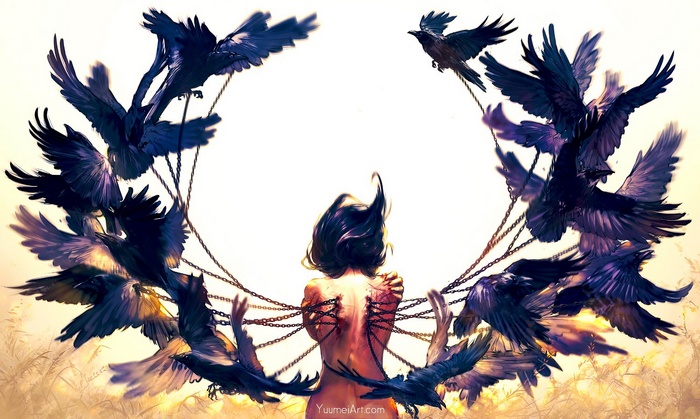 Woman chained to crows in digital art