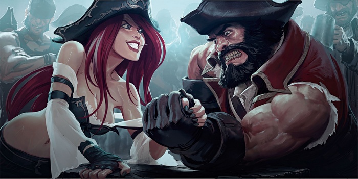 Miss Fortune and Gangplank arm wrestling in League of Legends