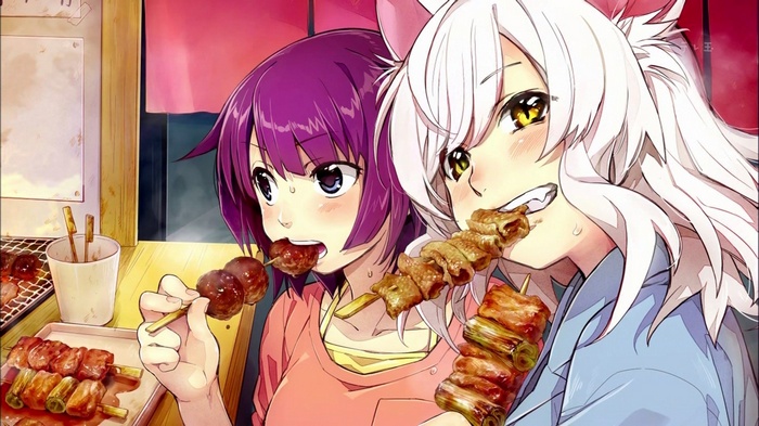 Hanekawa Tsubasa and Senjougahara Hitagi eating skewers