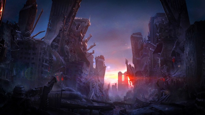 Apocalyptic city ruins at sunset digital art