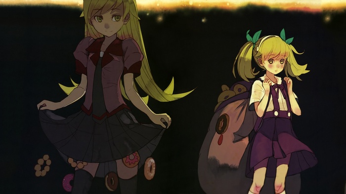 Oshino Shinobu and a young girl with doughnuts