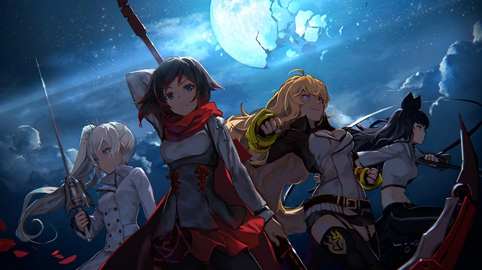 RWBY characters Ruby Rose, Yang Xiao Long, Weiss Schnee, and Blake Belladonna