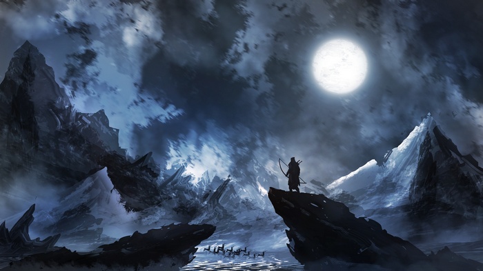 hero, fantasy art, Moon, looking into the distance, digital art, loneliness, artwork, night, DeviantArt, clouds