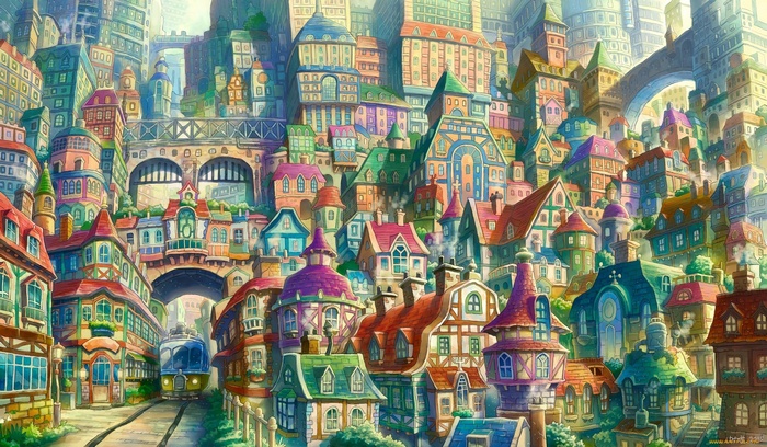 Fantasy city with colorful buildings and a train