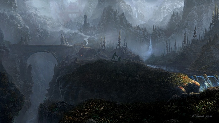 Misty mountains with a bridge and waterfall